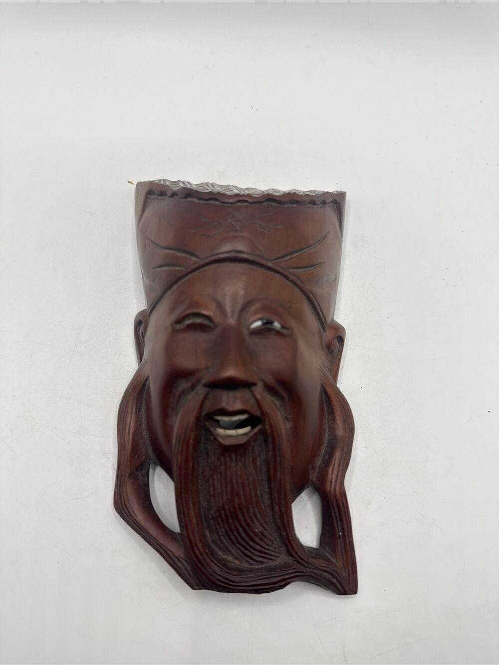 Vintage Asian Hand Carved Wood Bearded Man Scholar Wall Mask 6” Folk Art *